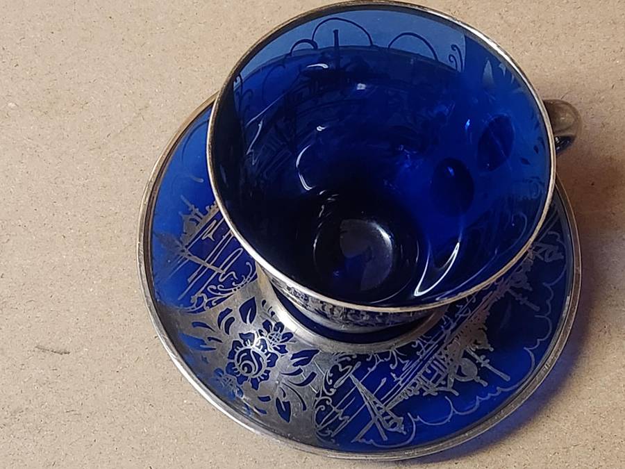 ART DECO VENETIAN COBALT GLASS SILVER OVERLAY DEMITASSE CUP AND SAUCER