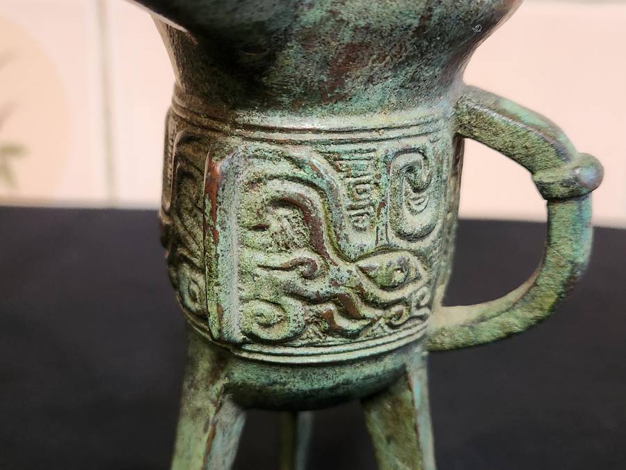 Antique Chinese Bronze Jue Tripod Wine Vessel
