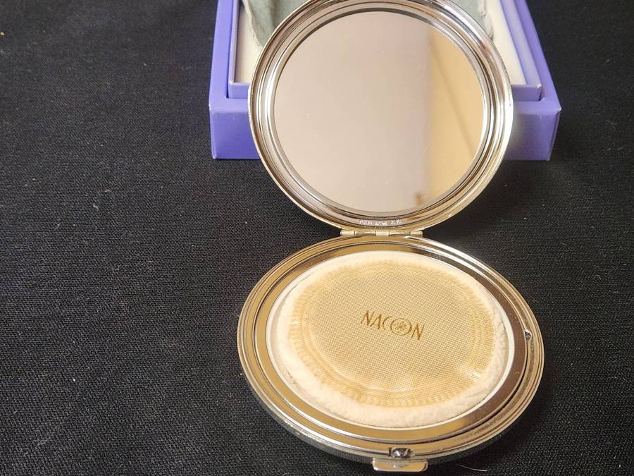 Vintage Nacon Silver Plate Enamel Floral Motif Powder Puff Compact