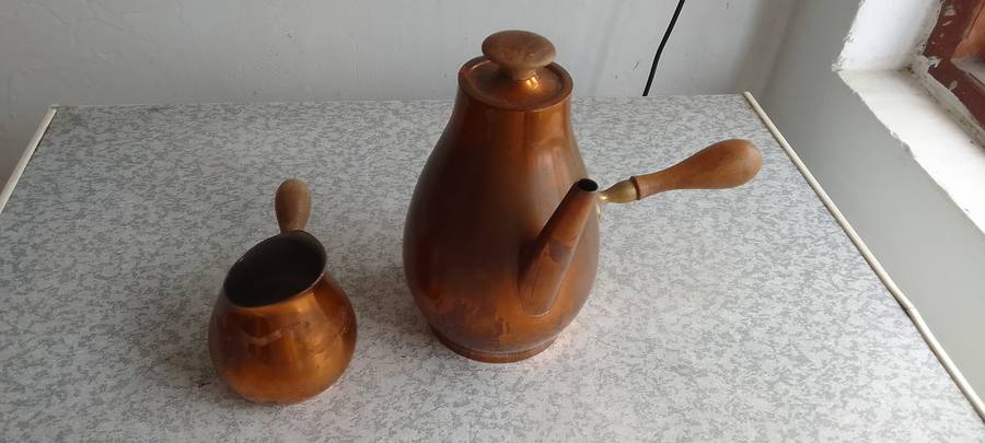 Copper Coffee Pot With Milk Jug With Wooden Handle - Made in Italy