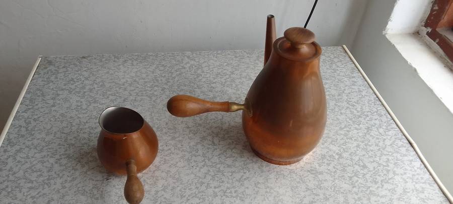 Copper Coffee Pot With Milk Jug With Wooden Handle - Made in Italy