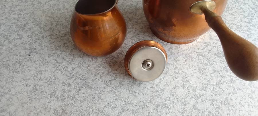 Copper Coffee Pot With Milk Jug With Wooden Handle - Made in Italy