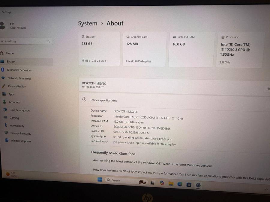 Hp Probook 450 G7 Core  I5 10TH Gen 16GB Ram 256gb fhd display lte mint