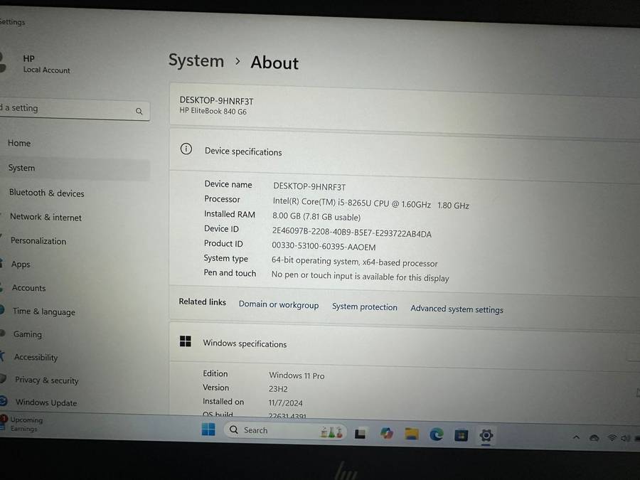 HP EliteBook 840 G6  8th Gen i5-8265U@1.8GHz, 8GB RAM, 256GB SSD FHD Display LTE Mint Condition.
