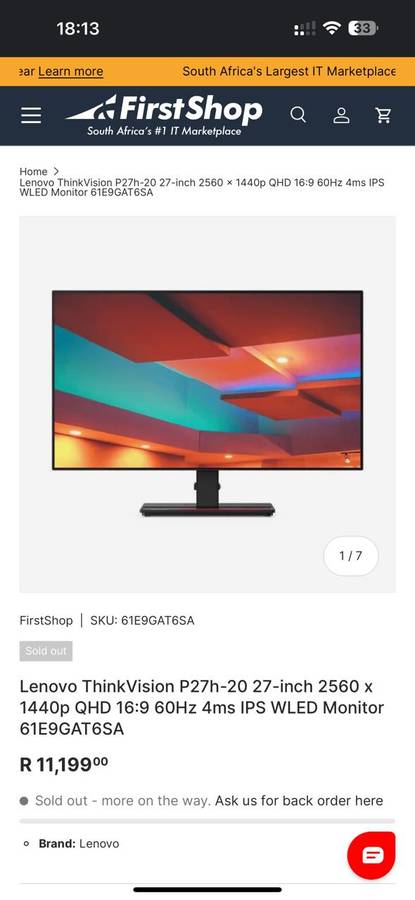 LENOVO THINKVISION P27-20 FLAT PANEL MONITOR [ D19270QP1} NEW SEALED