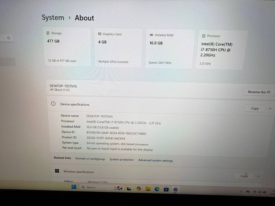 Hp Z book 15 G5 Core i7-8th gen 16gb ram 512gb ssd Nvidia Quadro T1000 graphics card Lte