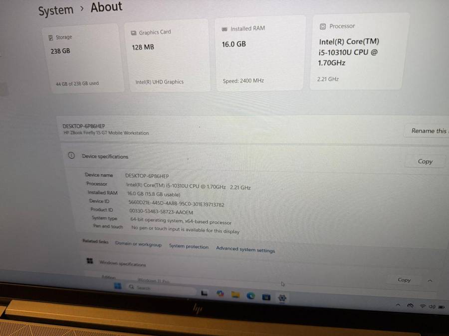 Hp Z book Firefly 15 G7 Mobile Workstation i5 10th gen 16gb ram 256gb ssd