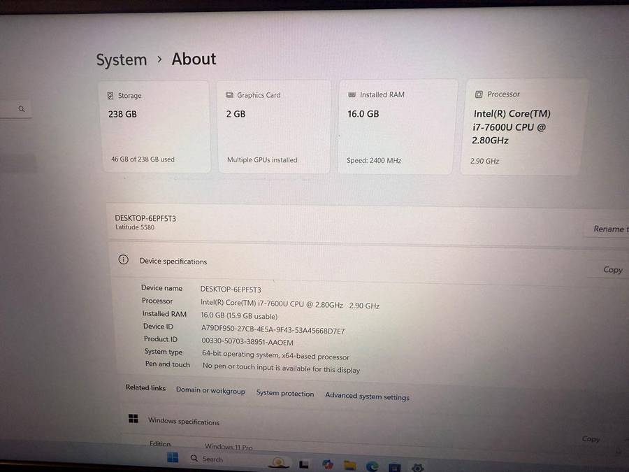 Dell Latitude 5580 Core i7 7th gen, 16gb ram 256gb m.2 ssd 15.6`fhd Display lte Nvidia Geforce 930mx