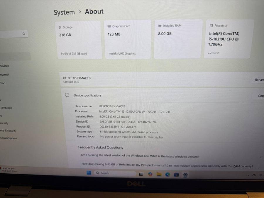 Dell Latitude 5510, 10th Gen Intel i5-10210U@1.6GHz, 8Gb Ram, 256GB Nvme Ssd 15.6`Lte
