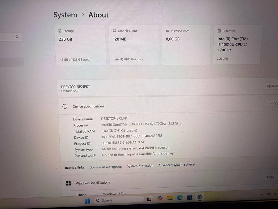 Dell Latitude 5510, 10th Gen Intel i5-10210U@1.6GHz, 8Gb Ram, 256GB Nvme Ssd 15.6`Lte