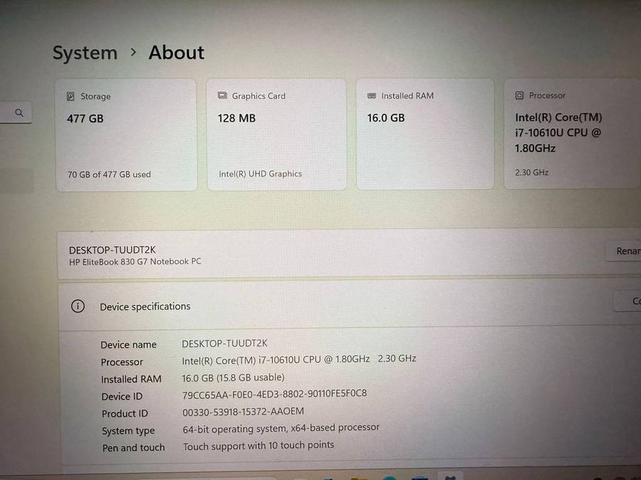 HP EliteBook 830 G7 Touchscreen Core i7 10th gen  13.3" FHD 16 gb ram 512gb ssd  Backlit Keyboard