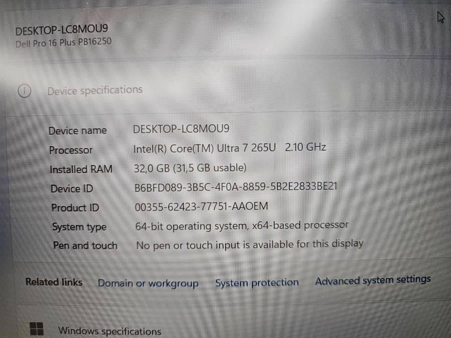 Dell Pro 16 Plus PB16250 Notebook PC  Core Ultra 7 265U 16 FHD+  32gb ram 512gb ssd 4G LTE