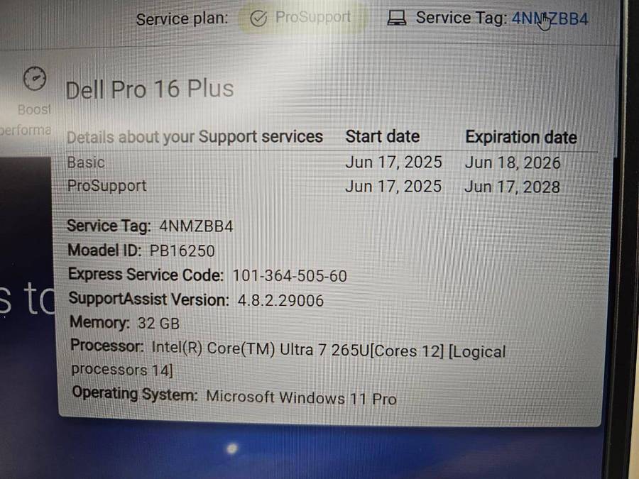 Dell Pro 16 Plus PB16250 Notebook PC  Core Ultra 7 265U 16 FHD+  32gb ram 512gb ssd 4G LTE