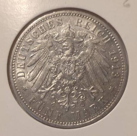 1913 Germany 5 Mark Silver Crown