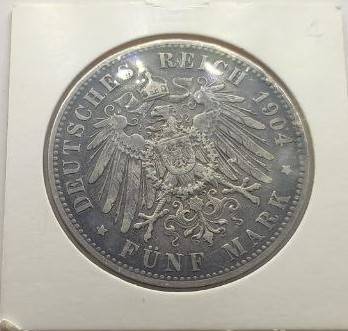 1904 German States PRUSSIA 5 Mark Silver Crown size coin