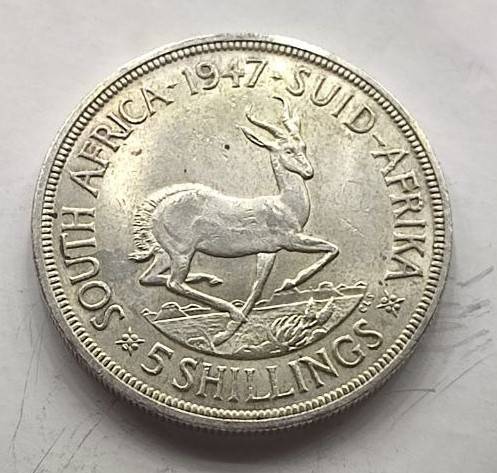 1947 South Africa 5 Shilling Crown Silver coin