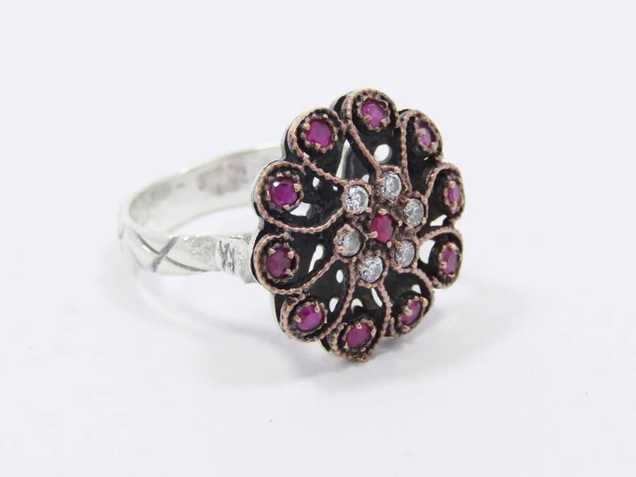 A Lovely Two Tone Eastern Design Ring With Pink and Clear Paste Stones in Sterling Silver.
