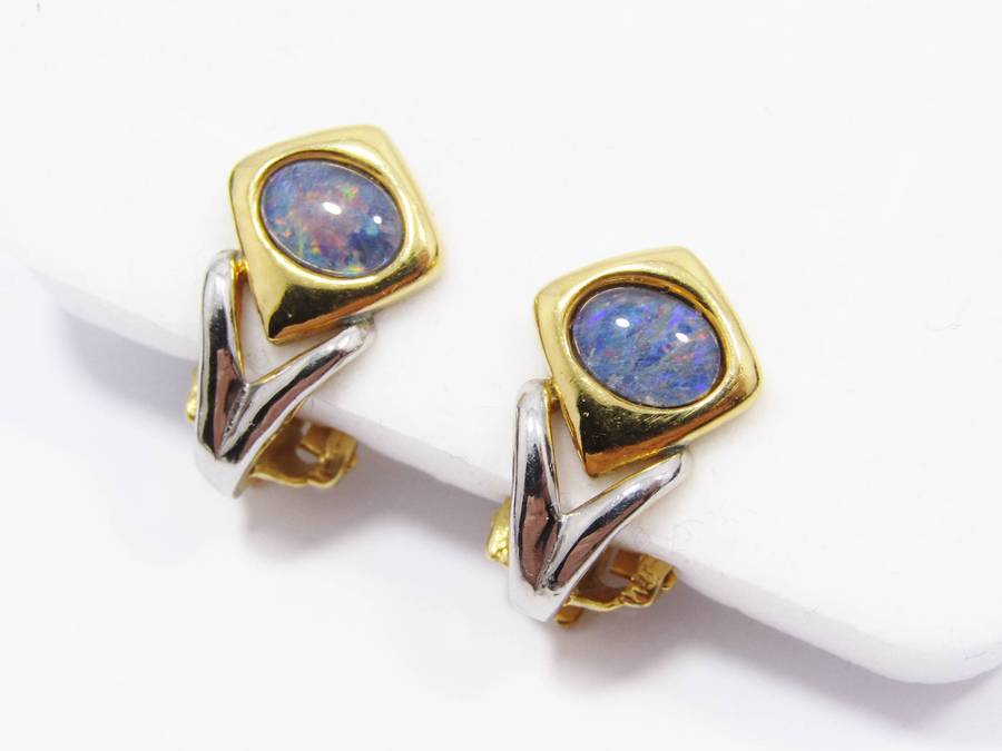 Beautiful Vintage Black Opal Doublet & Gold-Plated Earrings