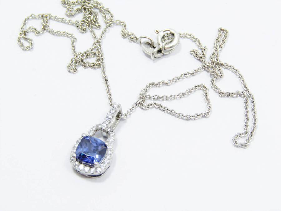 A Lovely Blue Zirconia Halo Design Pendant on Chain in Sterling Silver
