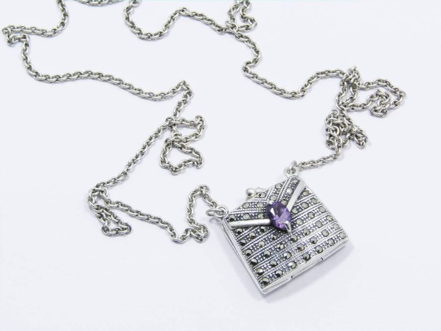 A Gorgeous Weighty Marcasite Handbag Pendant On Chain in Sterling Silver