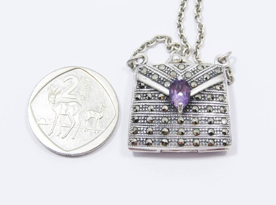 A Gorgeous Weighty Marcasite Handbag Pendant On Chain in Sterling Silver