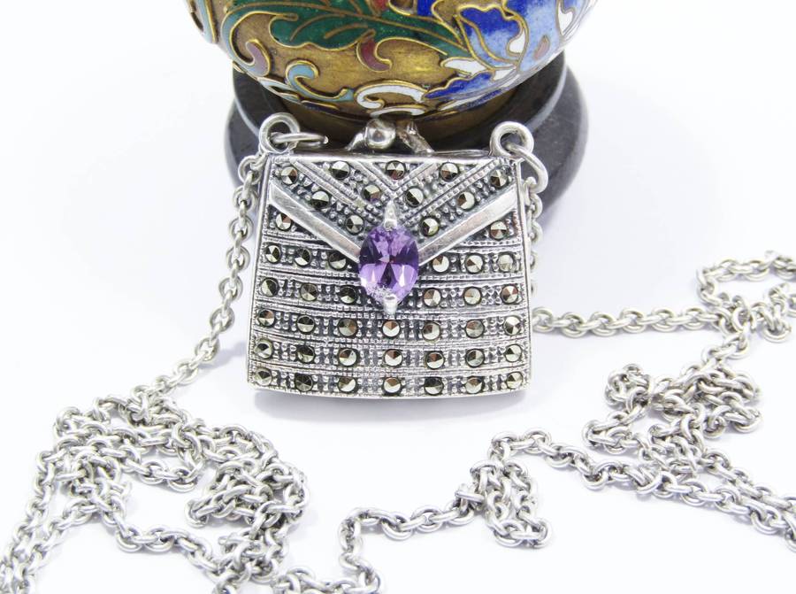 A Gorgeous Weighty Marcasite Handbag Pendant On Chain in Sterling Silver
