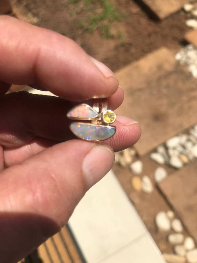 9ct Gold Australian Opal Ring 3.5g | Natural Opals & 0.25ct Yellow Diamond