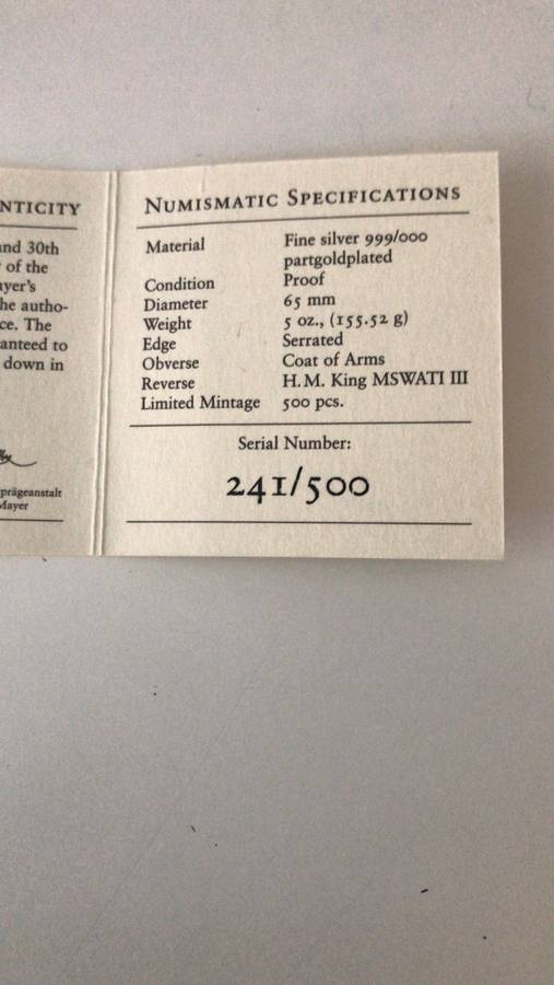 sWAZILAND 30TH ANNIVERSARY. 5 0z 999 SILVER COIN .LEGAL TENDER.