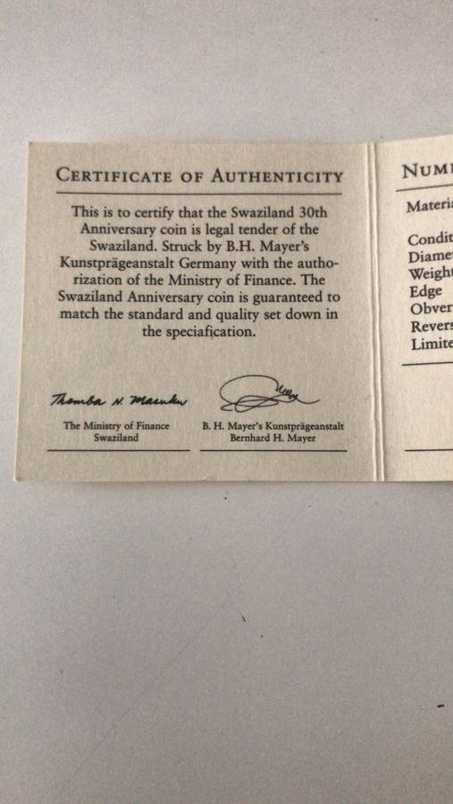 sWAZILAND 30TH ANNIVERSARY. 5 0z 999 SILVER COIN .LEGAL TENDER.