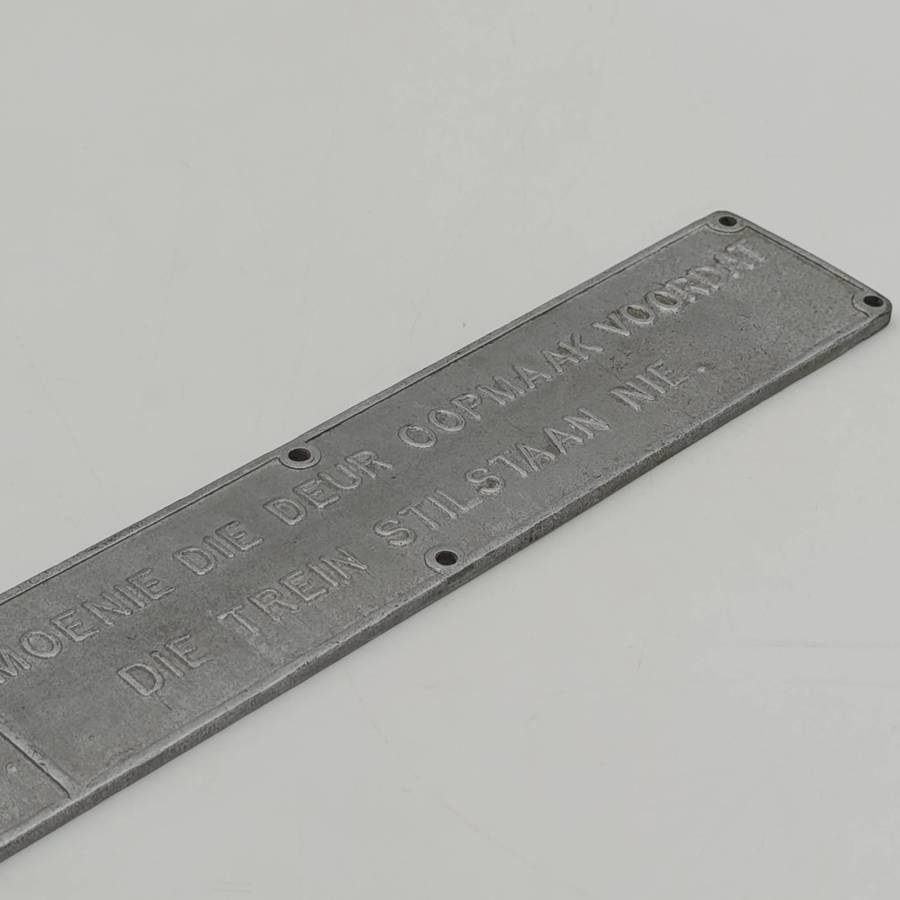 Vintage SA Railways door notice aluminium sign - ''Do not open the door before the train stops''