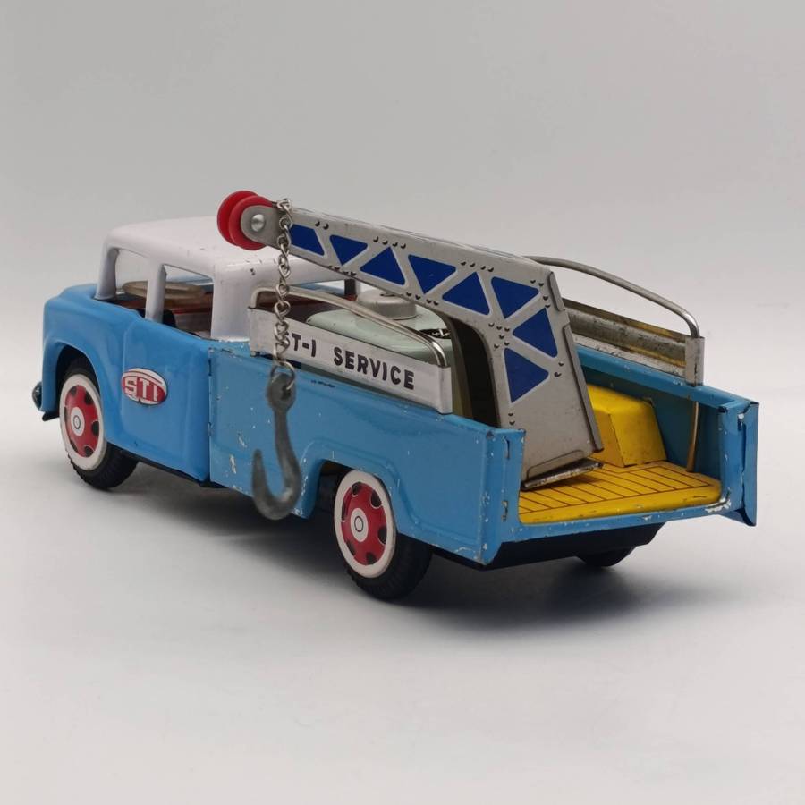 Vintage Chinese tinplate MF-715 wrecker truck friction toy car - box has some oil damage