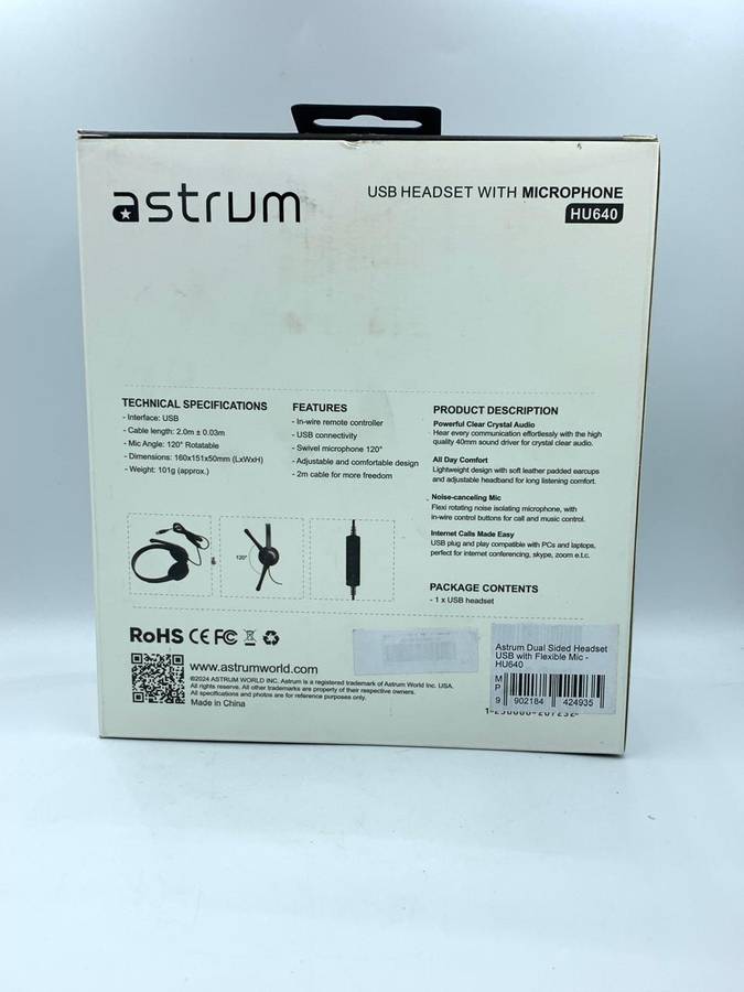 Astrum HU640 Wired USB Headphones with Mic, On-Ear for Chat and Gaming (open box)