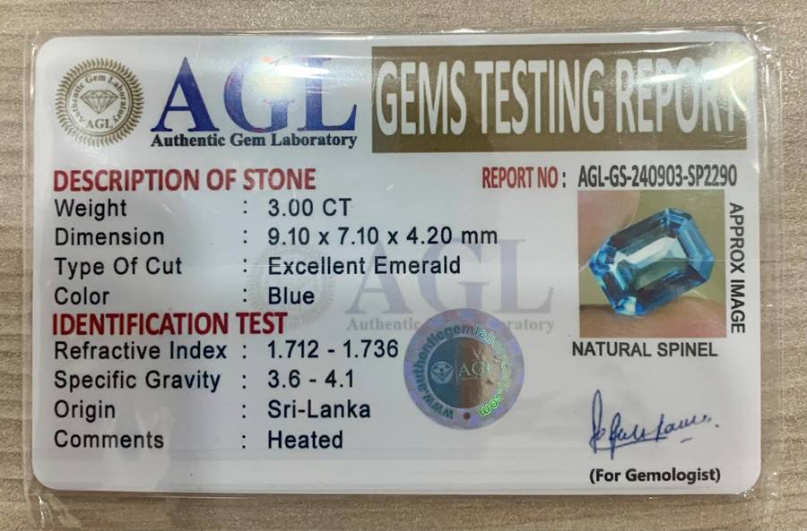AGL Certified. Flawless Natural Ceylon Blue Spinel 3.00Cts. Emerald Cut. Stunning Stone