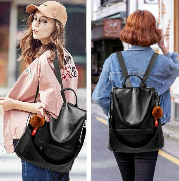 Anti-Theft Backpack Shoulder Bag for Women Spacious Waterproof PU Leather-M - Black