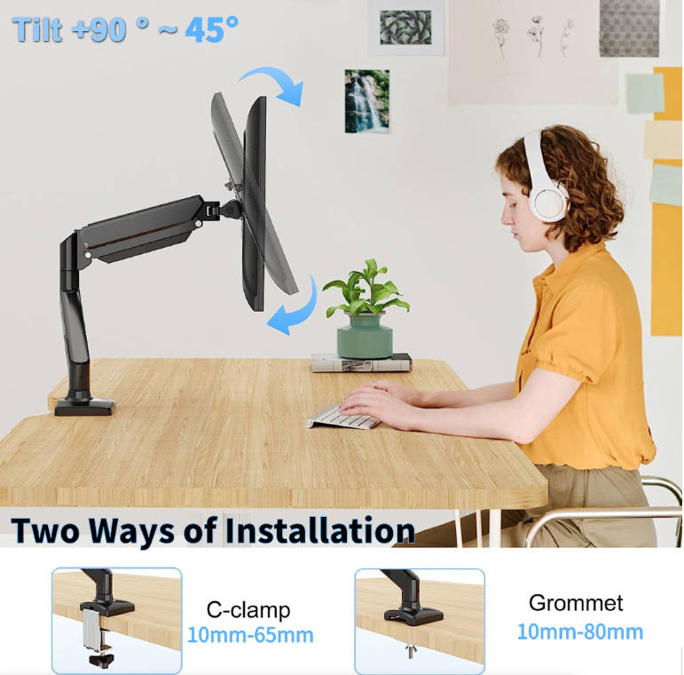 Single Monitor Desk Mount Gas Spring Monitor Arm Adjustable for Max 32-inch