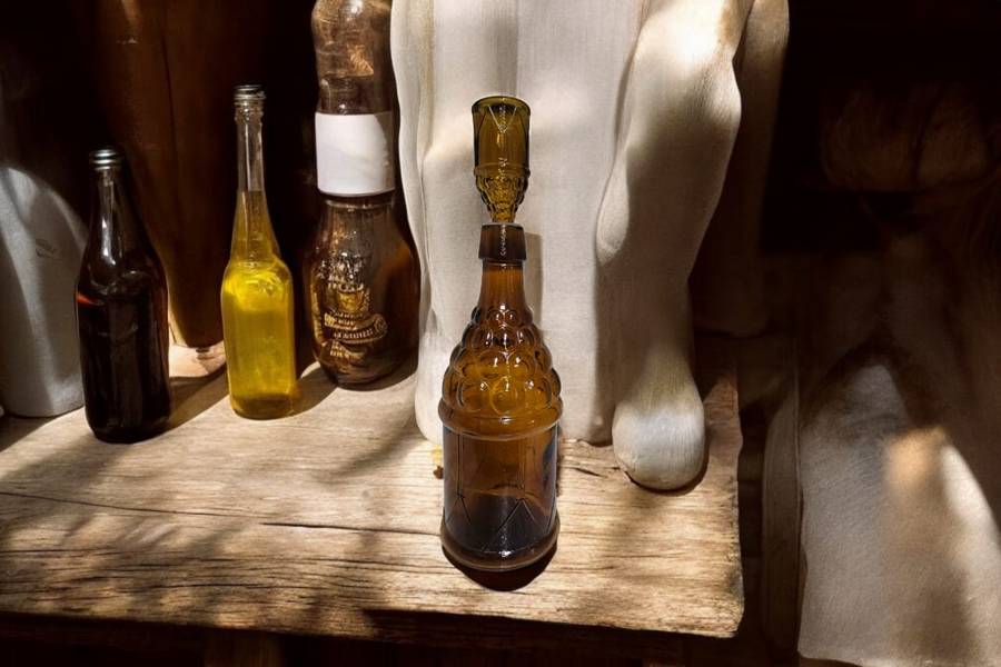 Vintage Amber Grapes and Drum Glass Bottle