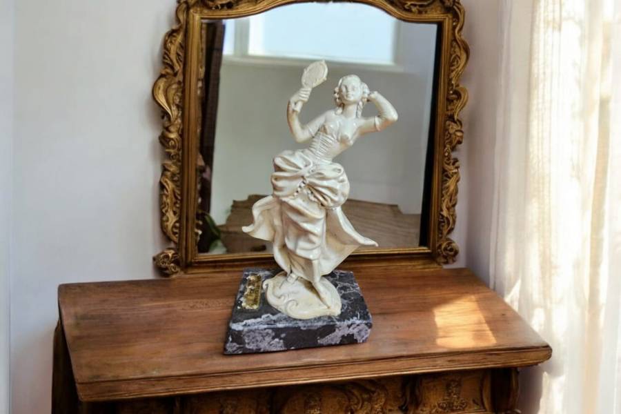 Exquisite Victorian Lady Figurine, gracefully poised on a genuine Carrara marble base made in Italy