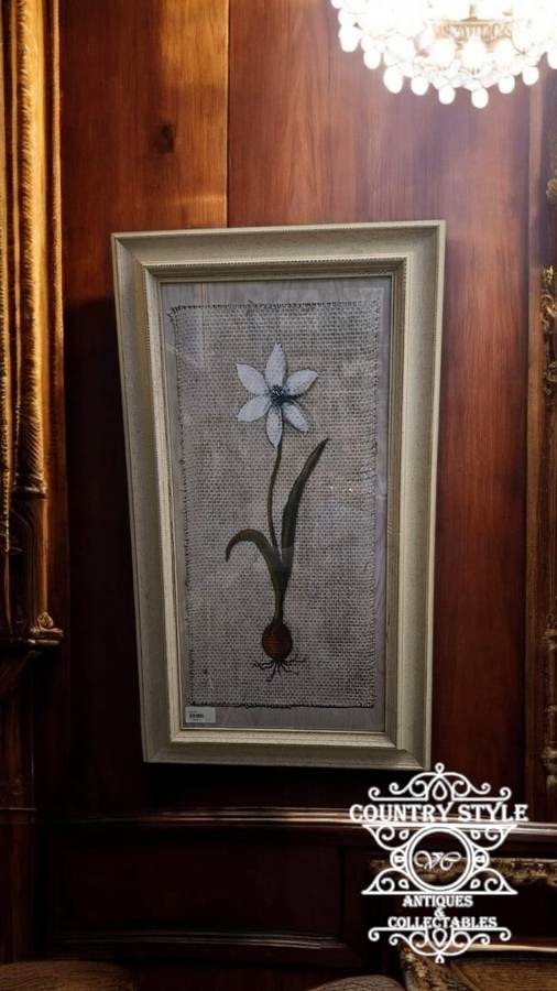 Framed Painted Flower on Fabric Print behind glass