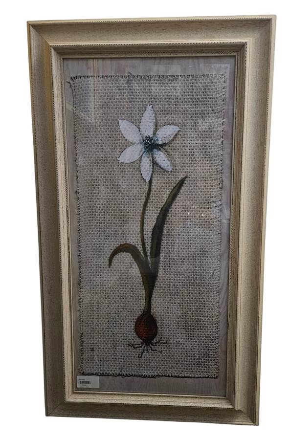 Framed Painted Flower on Fabric Print behind glass