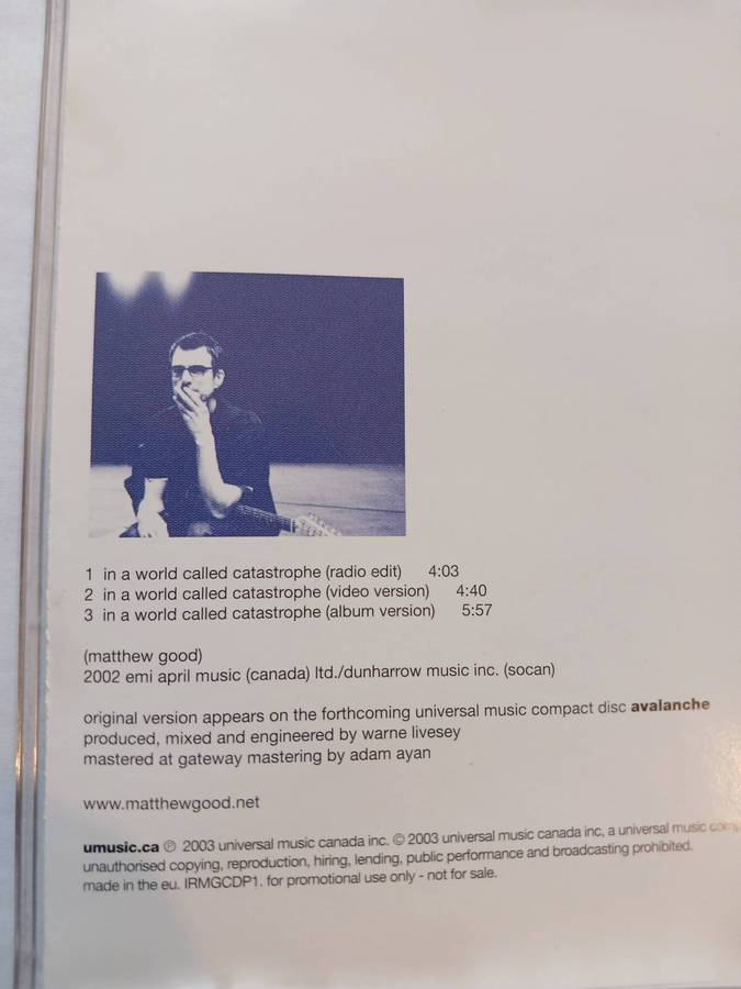 Matthew Good, In a World Called Catastrophe CD single, UK