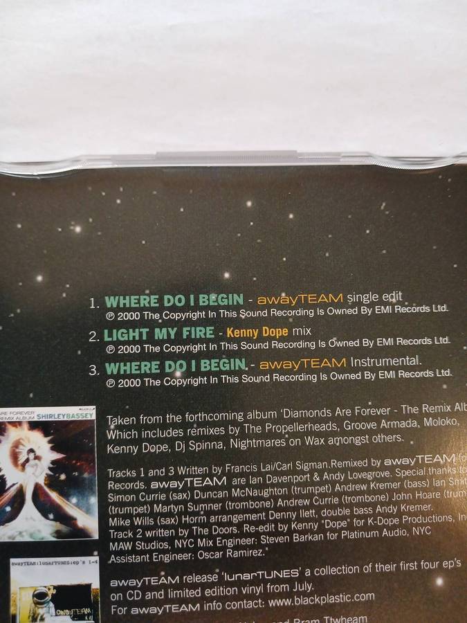 Shirley Bassey and Away Team, Where Do I Begin CD single, UK