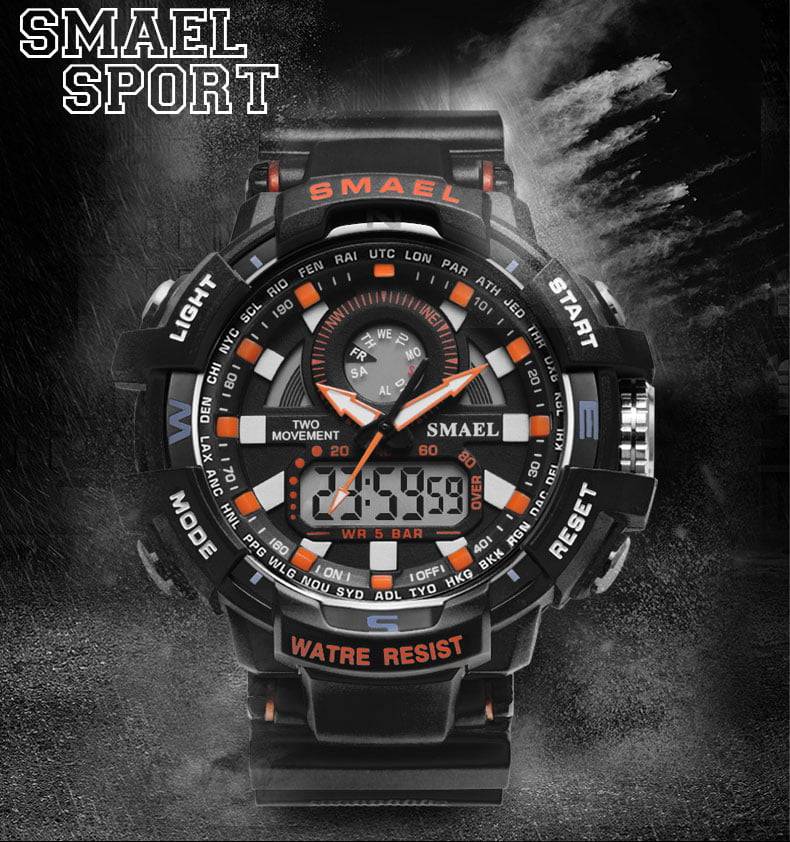 Smael Mens Control Fighter Black / Red Shock Proof Watch