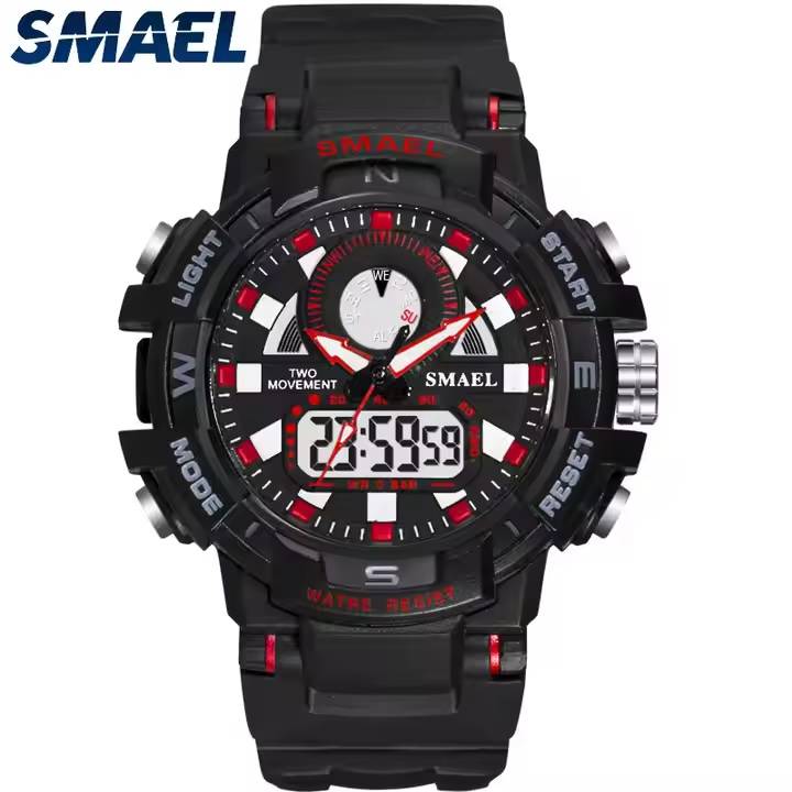 Smael Mens Control Fighter Black / Red Shock Proof Watch