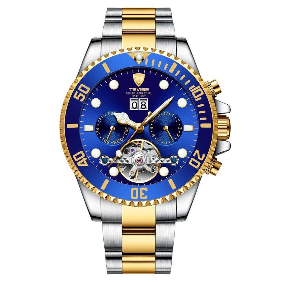 TEVISE Perpetual Flywheel Date Automatic Two Tone Blue