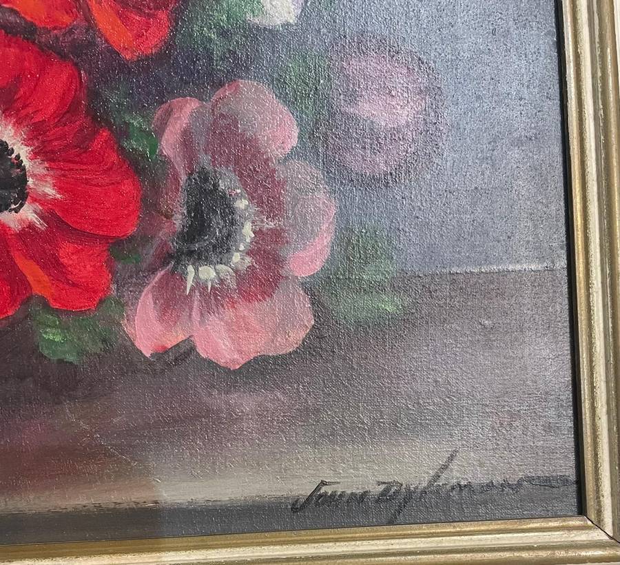 Signed John Dylan Framed Oil Painting of Still Life Case of Flowers