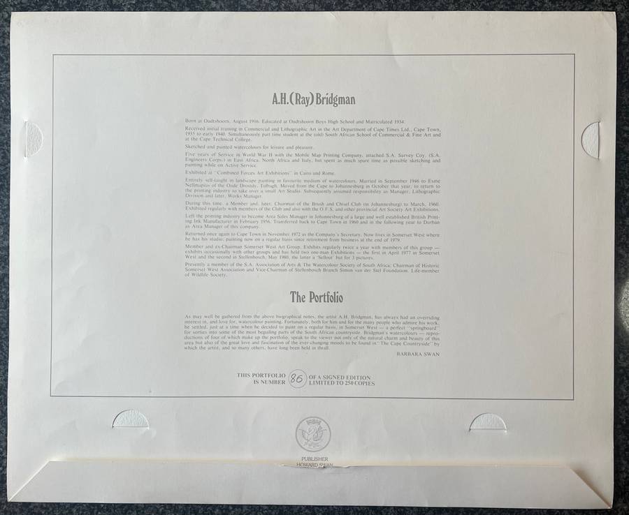 SIGNED, NUMBERED! 1 x COLLECTION OF 4 PRINTS BY A H BRIDGMAN, THE CAPE COUNTRYSIDE