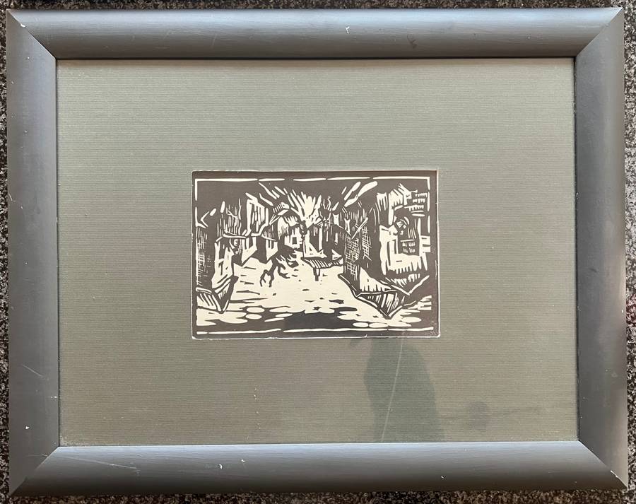 SIGNED! 1 x COLLECTION OF 5 MATCHING WOOD-FRAMED LINOCUTS BY GREGOIRE BOONZAIER