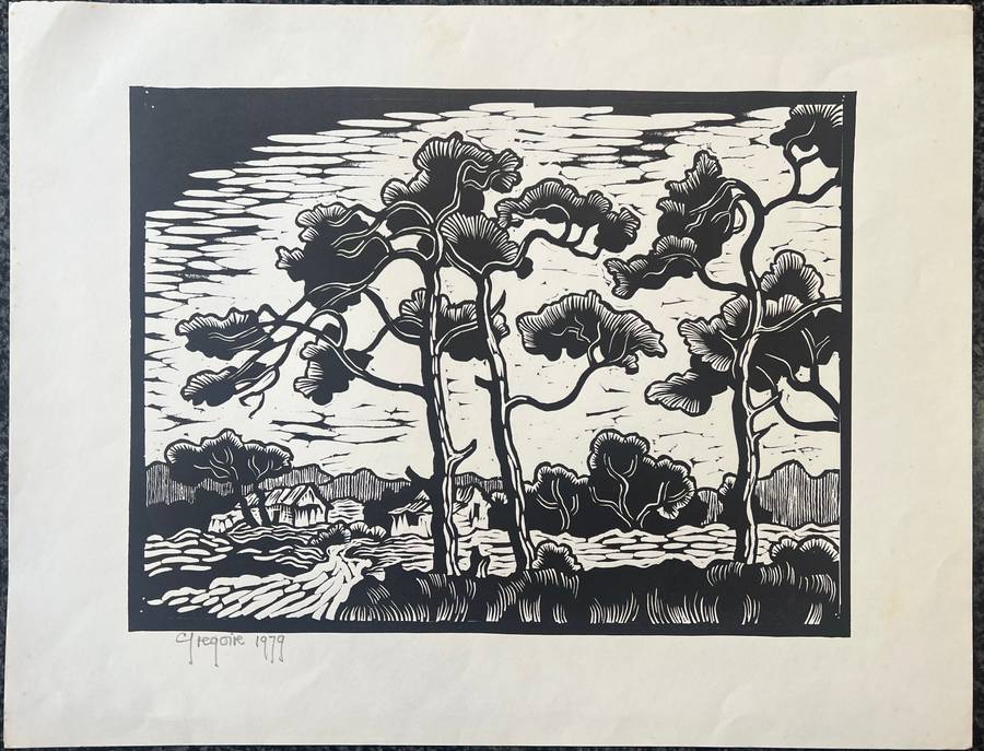 SIGNED AND DATED! GREGOIRE BOONZAIER LINOCUT "WINDSWEPT PINE TREES", 1979