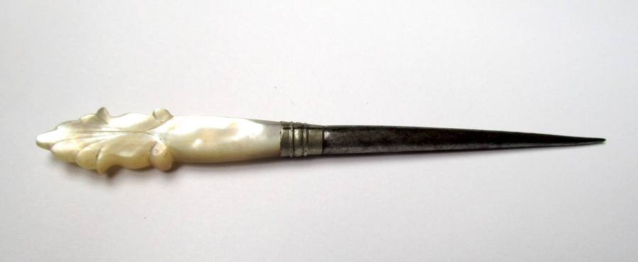 Antique / vintage sewing awl / punch - hand carved mother of pearl