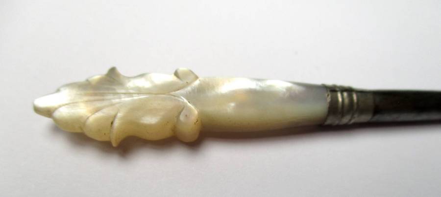 Antique / vintage sewing awl / punch - hand carved mother of pearl